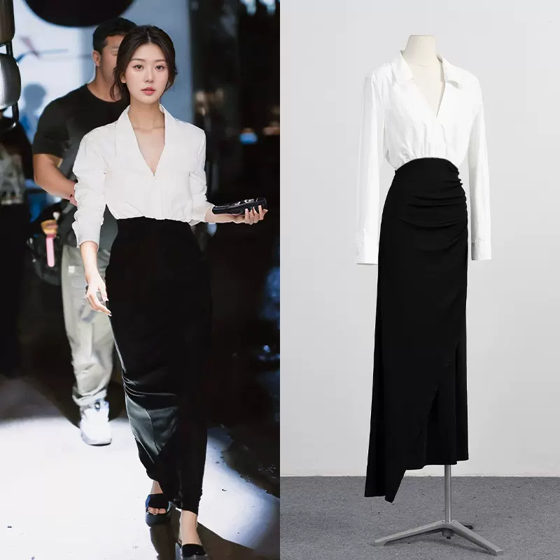 [现货]露思款黑白拼接撞色连衣裙时尚气质减龄修身中长款包臀裙子