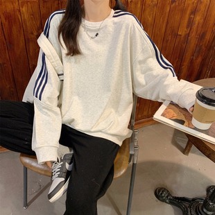 2025 Women's Autumn Sweatshirt College Stripe Patchwork Gray Loose Clothing Korean Style Sweatshirt Jacket Women's Long Sleeve