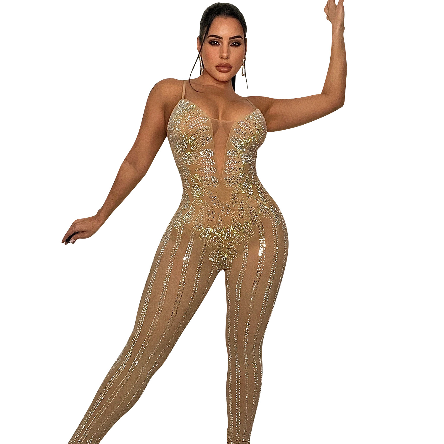 C5866 transfronteriza europea y americana AliExpress Amazon moda discoteca malla rhinestone perspectiva Sling mono ropa de mujer image 7