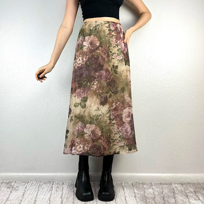 C210SK American Spice Girl 2024 осень новый растительный цветочный принт ретро темперамент с высокой талией тонкая юбка