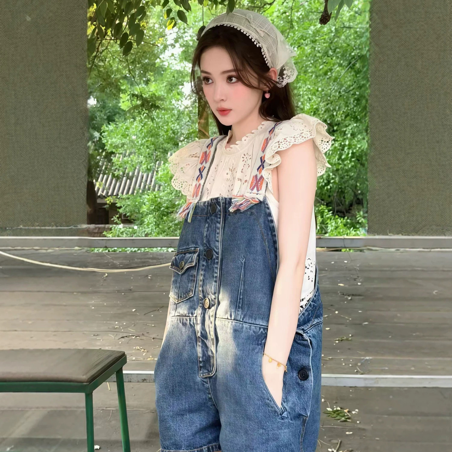 Gulnazar's style hollowed-out flutter sleeve top + embroidered suspender shorts Mori-style women's set