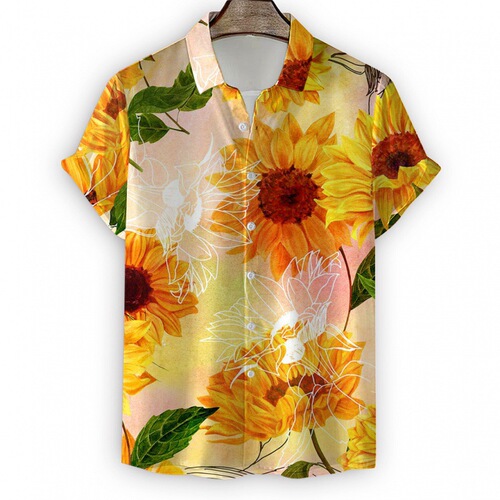 Summer Men's Beach Shirts 3D Digital Sunflower Print Short Sleeve Top Flower Casual Blouse