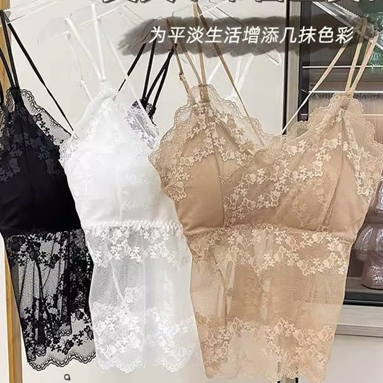 Camisola de espalda de belleza de encaje francés para mujer con almohadilla para el pecho con doble correa interior y exterior sexy camisola larga para mujer