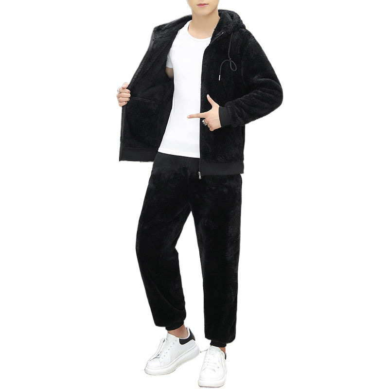 후드 양면 벨벳 스웨터 남성용 세트 기모 두꺼운 따뜻한 겨울 의류 한국 겨울 슈퍼 두꺼운 코트 조수 세트