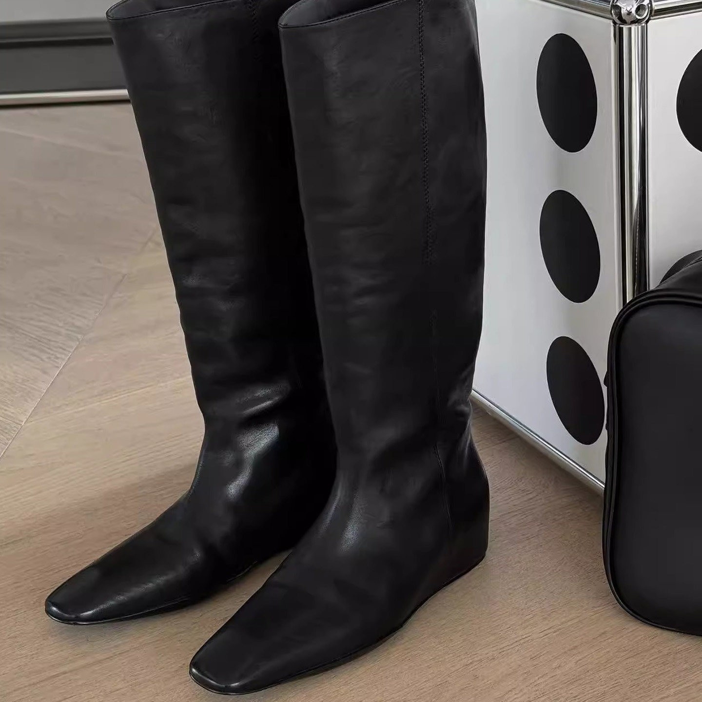 Sheepskin Version! New Autumn and Winter Style, Height-Increasing Flat Square-Toe Simple Slimming Martin Boots for Women, Genuine Leather High-Tube Long Boots