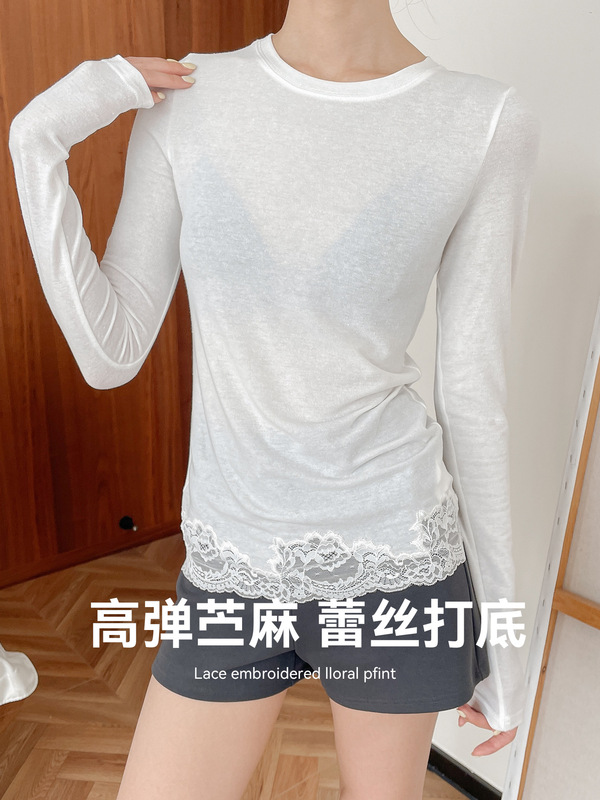 高弹苎麻打底衫女不规则蕾丝下摆绣花内搭修身显瘦圆领外穿上衣|undefined