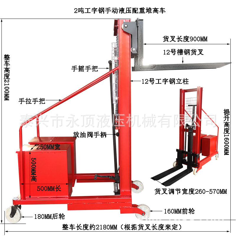 1吨2吨手动液压装卸车/配重车/换磨具堆高车/ 短支腿平衡式叉车