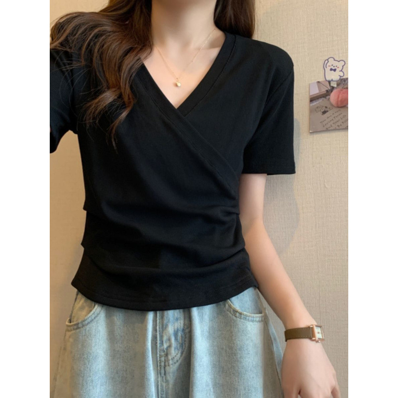 Vネックショルダー半袖Tシャツレディースコットン夏新作ニッチ気質スリムフィットショート甘辛クロストップ|undefined