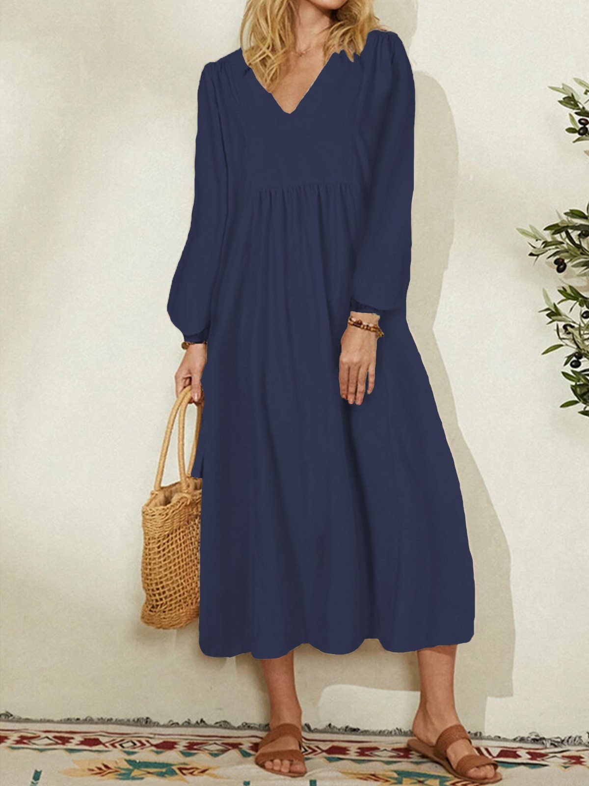 Women's Casual Cotton Linen Dress Loose Oversized Lantern Sleeves Vintage European American Daily Wear_ecoleips.com