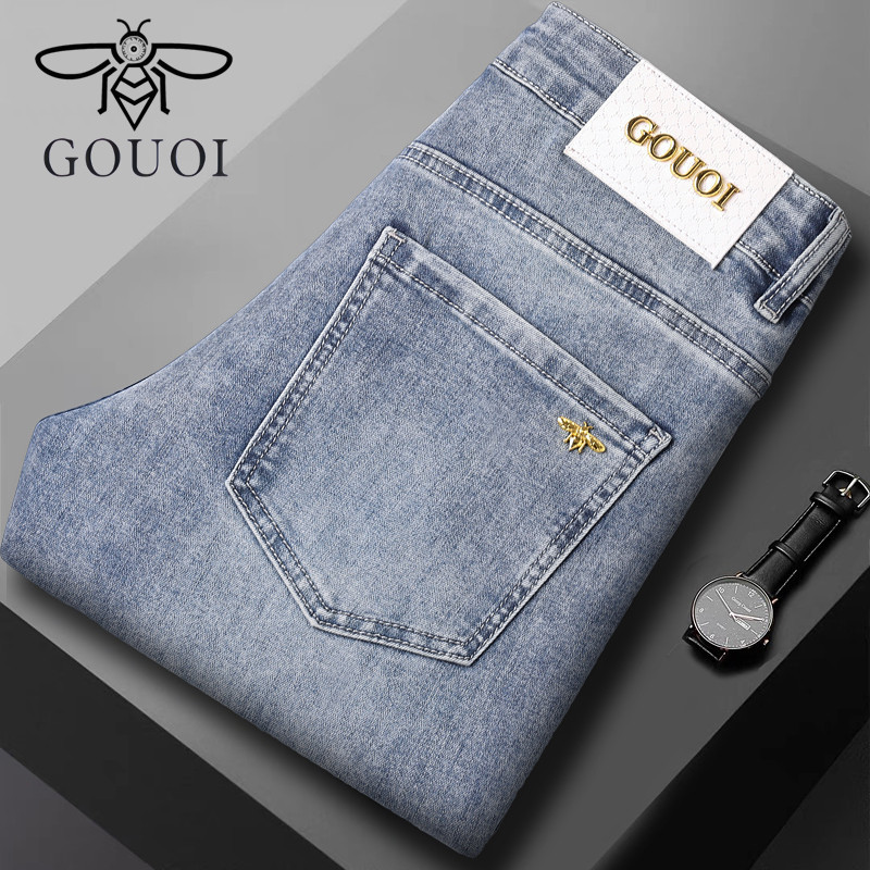 Bee genuine goods GOUOI Jeans Men's Spring and Summer European High-end Stretch Slim-fit Skinny Pants Light Luxury Blue Bee genuine goods GOUOI Jeans Men's Spring and Summer European High-end Stretch Slim-fit Skinny Pants Light Luxury Blue