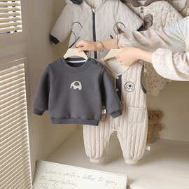 冬季新款婴幼童连体哈衣套装儿童简约连体爬爬服宝宝背带裤两件套
