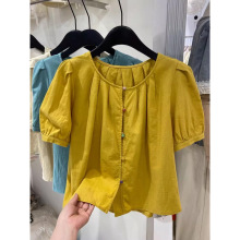 法式短袖棉麻衬衫女夏2025新款高端设计感韩系宽松泡泡袖小衫上衣
