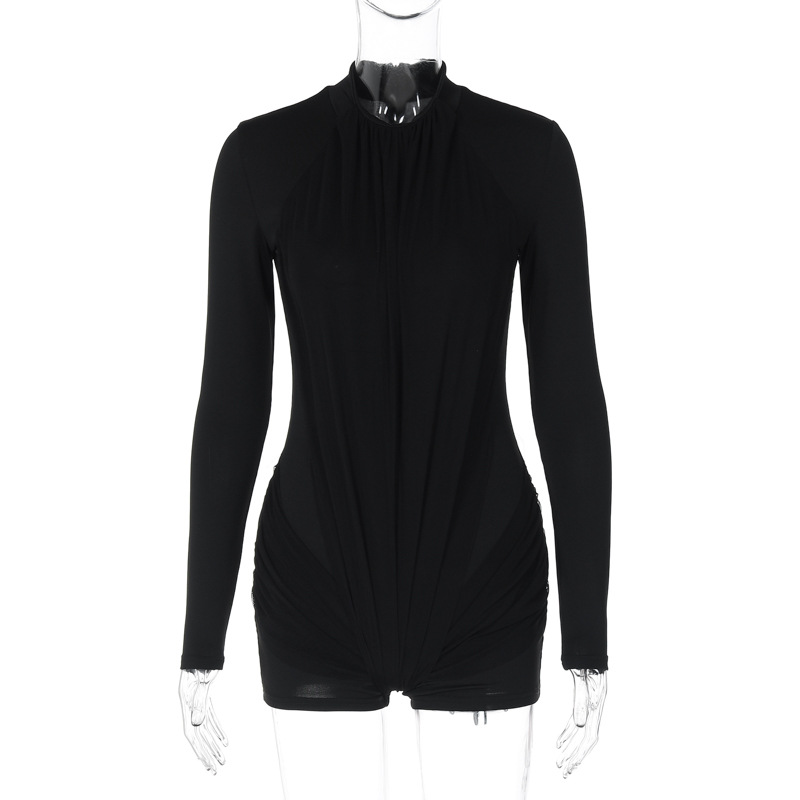 Women Clothing Winter Solid Color Slim Zipper Long Sleeve Jumpsuit