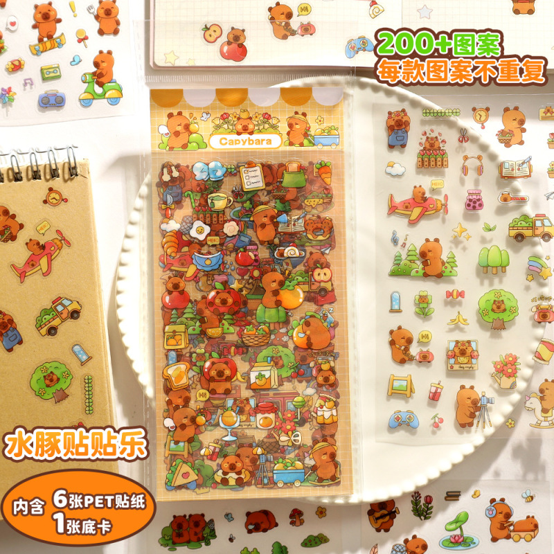 クリエイティブかわいいカピバラステッカー6枚入子供用diyカピバラ素材PET漫画デコレーションステッカーギフト|undefined