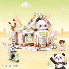 LOZ积木熊猫冰淇淋屋小颗粒拼装玩具美食店街景模型diy小屋摆件女