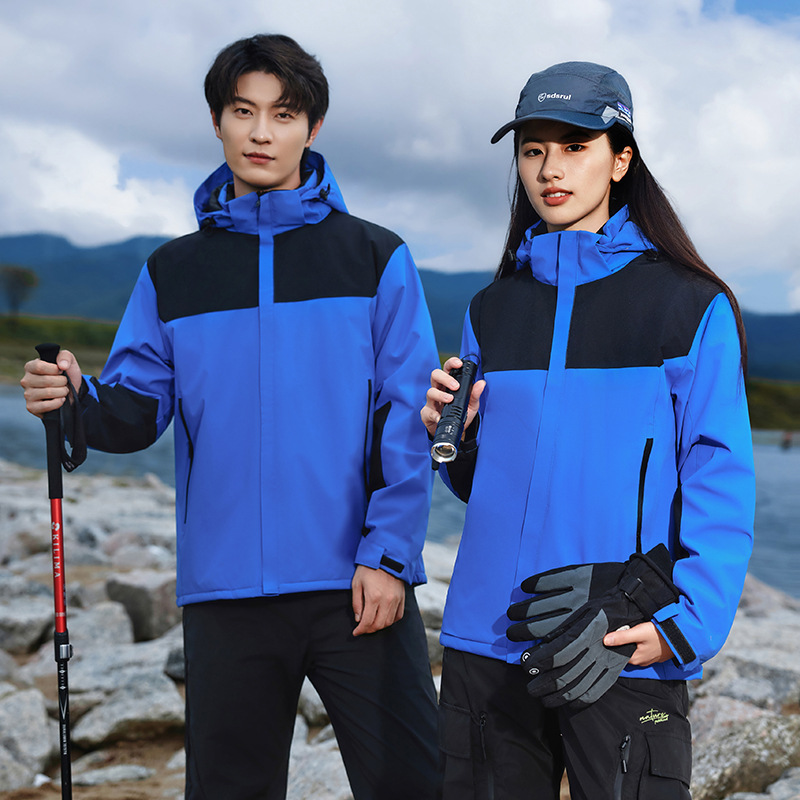 Ropa de algodón personalizada todo en uno, ropa de trabajo para parejas al aire libre, cortavientos y cálida, forrada de lana, chaqueta de invierno con impresión de logotipo.