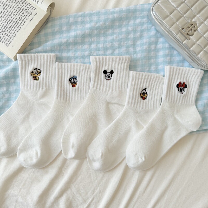 Breathable Mesh Embroidered Mickey Socks Women's Medium Cotton Sweat Absorbing Sports Cartoon White Socks Short