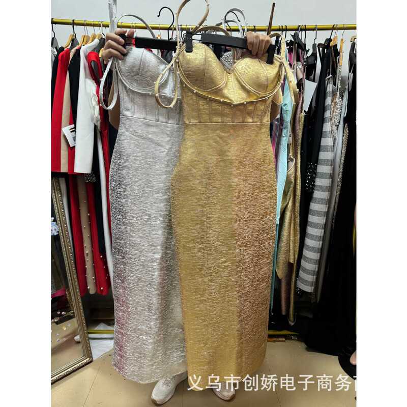 Luxury strapless round-neck dress, elegant evening party dress, bandage evening gown, waist-cinching, slit, knitted long dress Luxury strapless round-neck dress, elegant evening party dress, bandage evening gown, waist-cinching, slit, knitted long dress