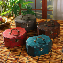 八角形复古实木收纳盒翻盖手提储物盒化妆品证件防尘盒木质工艺品