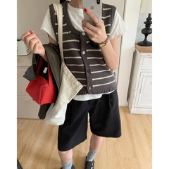 条纹撞色设计感针织开衫马甲背心女2025春秋新款百搭宽松叠穿上衣