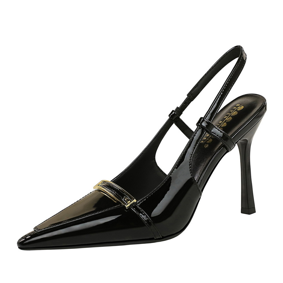 2629-2 European And American Style Sexy Pointed Toe Stiletto Super High Heels Single Shoes Patent Leather Metal Buckle_vogvips.com