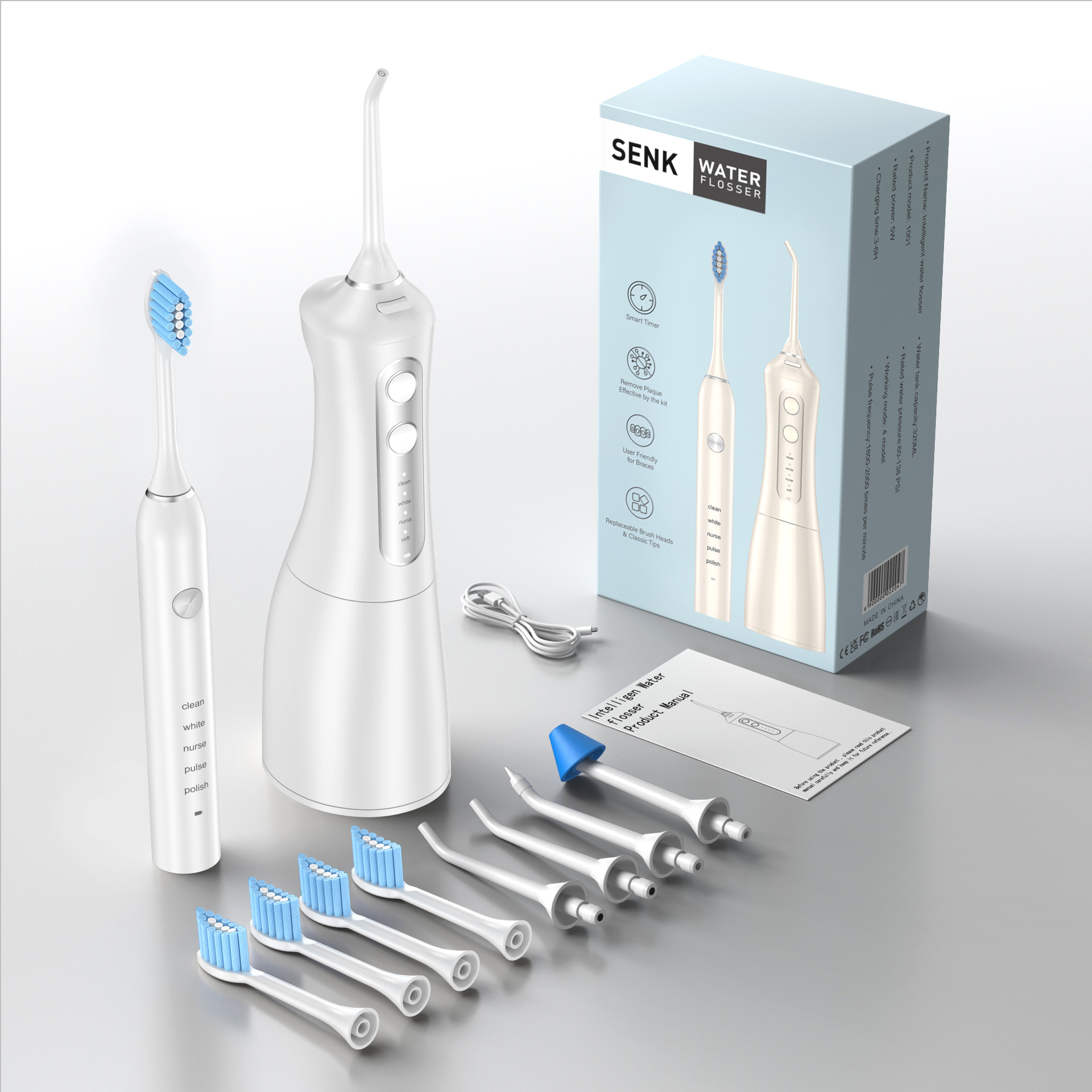 Combo de hilo dental, irrigador bucal y cepillo de dientes eléctrico personalizado de fábrica, nuevo modelo transfronterizo 1001+310A, paquete combinado.