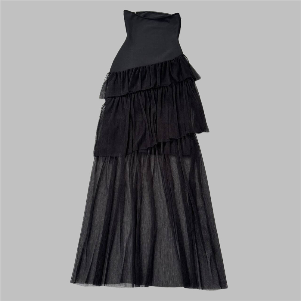 Special Interest Design Rhinestone Tube Top Bandage Dress Sexy Mesh Stitching Maxi Dress Party Dress