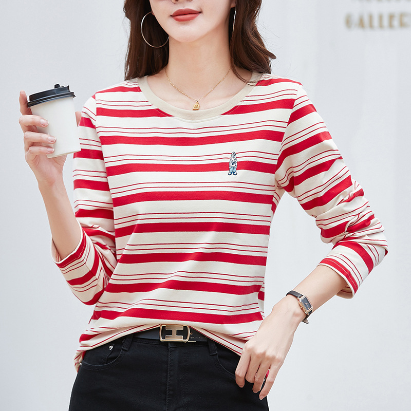 419 Color-Blocked Long-Sleeve T-Shirt for Women, Striped, 2025 Spring and Autumn New Style, Stylish Top with Bear Embroidery, Round Neck Top