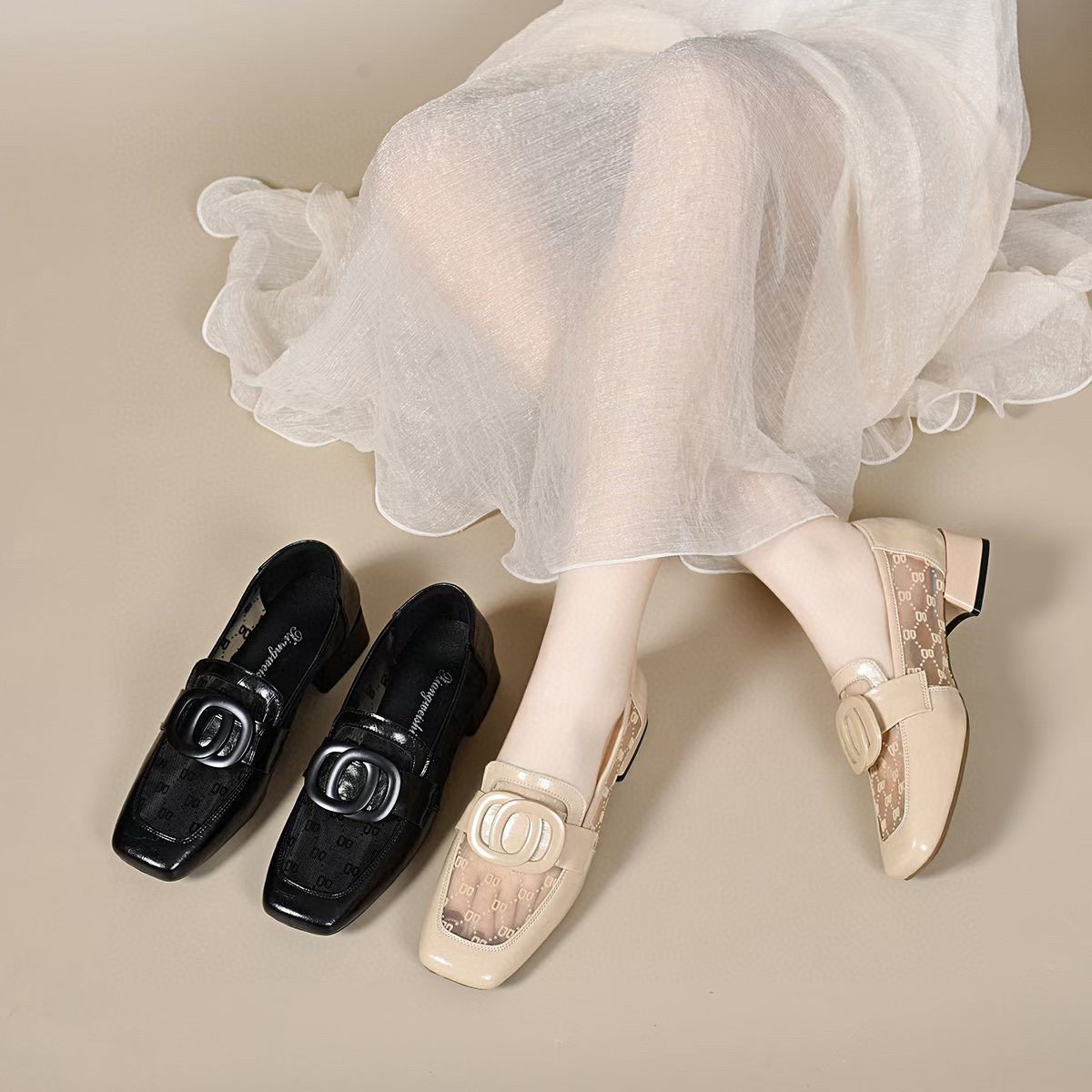 Sandal lười nữ mũi vuông gót thấp chất liệu da phối lưới thoáng khí — màu đen
