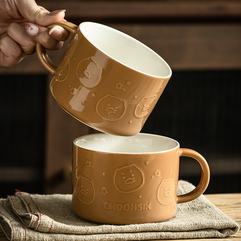 [Sensación de diseño en relieve] Taza de cerámica de gran capacidad Taza de té de la tarde Taza de café Taza de leche de desayuno
