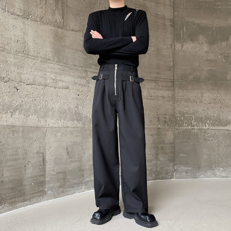 Design buckle loop strap metal zipper high waist wide leg pants men's closed suit pants ankle-tied pants hair stylist fashion