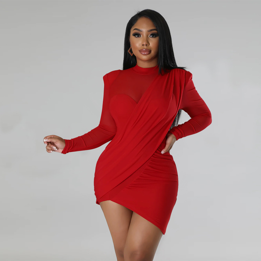 Women's Mesh Patchwork See through Appliqué Waist Cinching Dress K10381 European American Style Independent Store Clothing_ecoleips.com