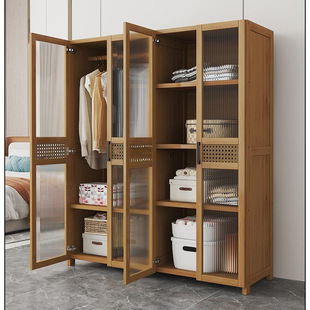 Simple Large-Capacity Wardrobe with Door, Alpine Bamboo Wardrobe Storage Rack, Solid Wood Coat and Hat Cabinet, Multi-Functional Clothes Hanging Cabinet