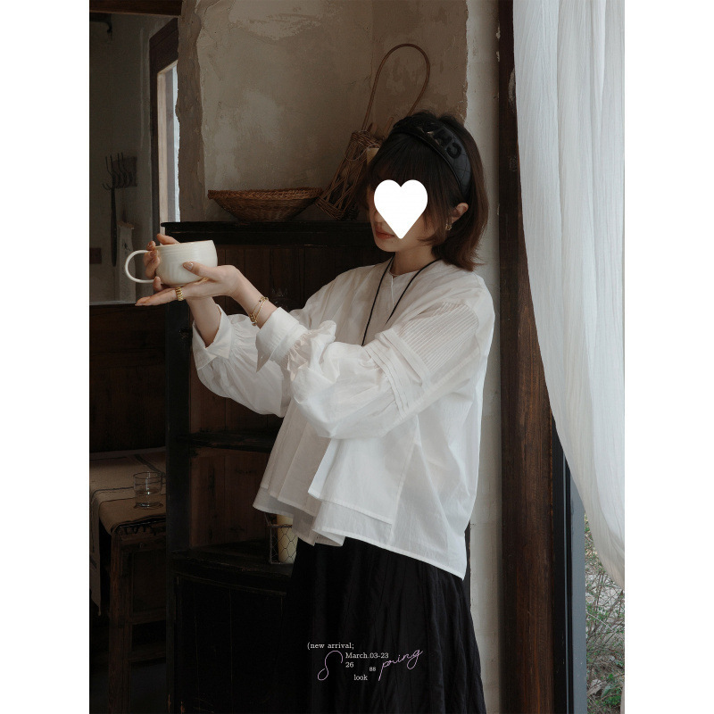 White Shirt with Puff Sleeves in French Style, New Spring and Autumn Collection from Bai Shuo Workshop, Soft Light Sheer Fabric "26Ss"