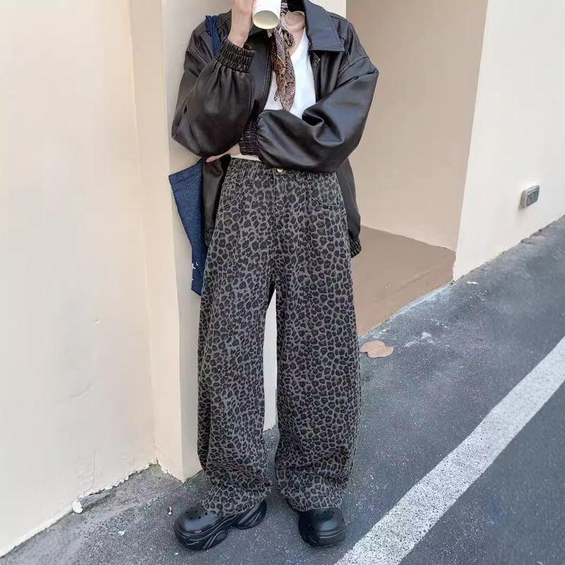 Leopard Print Jeans Men's and Women's Washed Old Spring and Autumn Straight Loose European and American High Street Vibe Style Long Pants