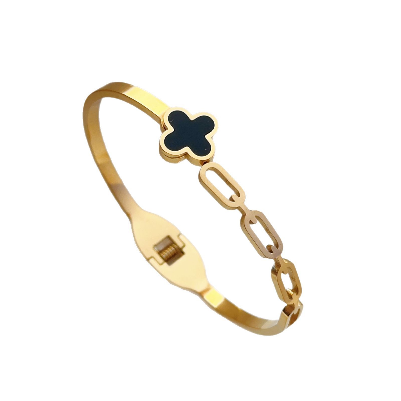 Pulsera de trébol de cuatro hojas estilo de moda caliente acero de titanio todo fósforo no se desvanece pulsera abierta acero inoxidable decoración transfronteriza de lujo ligero para damas