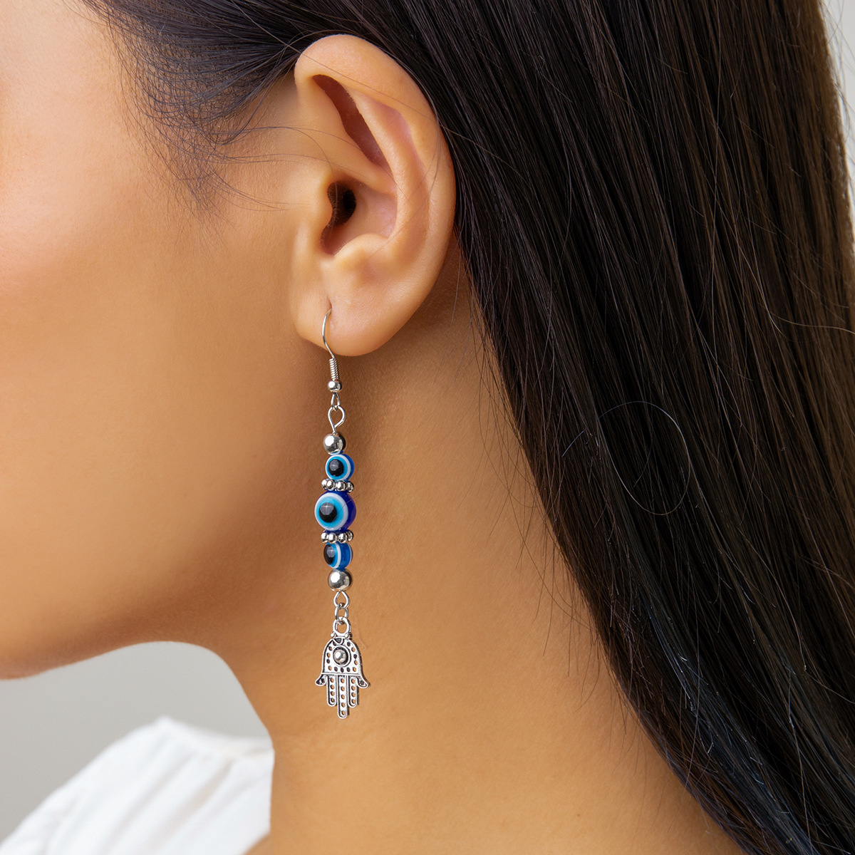 Schmuck im ethnischen Stil Buddha Hand Anhänger lange einfache Perlen Böser Blick Ohrringe_voghion.com