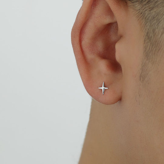 S925 silver needle stud earrings men's design sense four-corner star star personality earrings simple High sense couple ear bone nails fashion