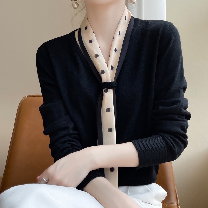 早秋新款知性优雅V领波点羊毛飘带长袖薄款女显瘦百搭打底针织衫|undefined