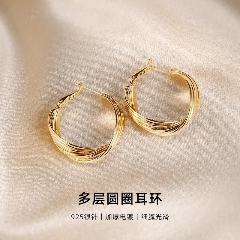 S925 Silver Needle French Twisted Earrings for Women, Light Luxury Niche Design, Elegant High-End Popular Retro Hong Kong Style Ear Jewelry