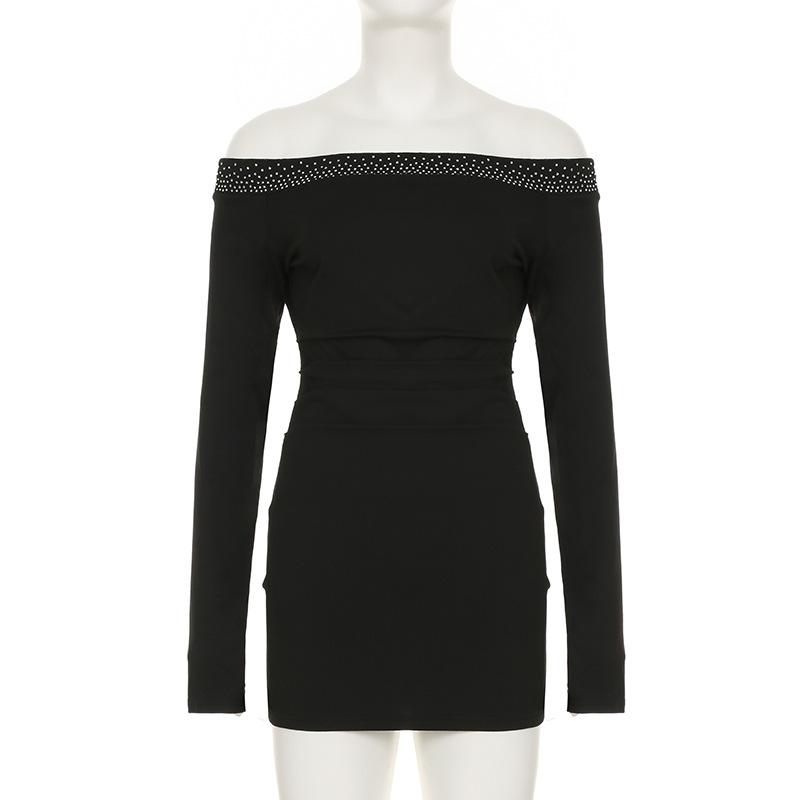 Rhinestone off Neck Elegant Pleated Waist Controlled Slimming Long Sleeve Dress Sexy off Shoulder Hip Dress