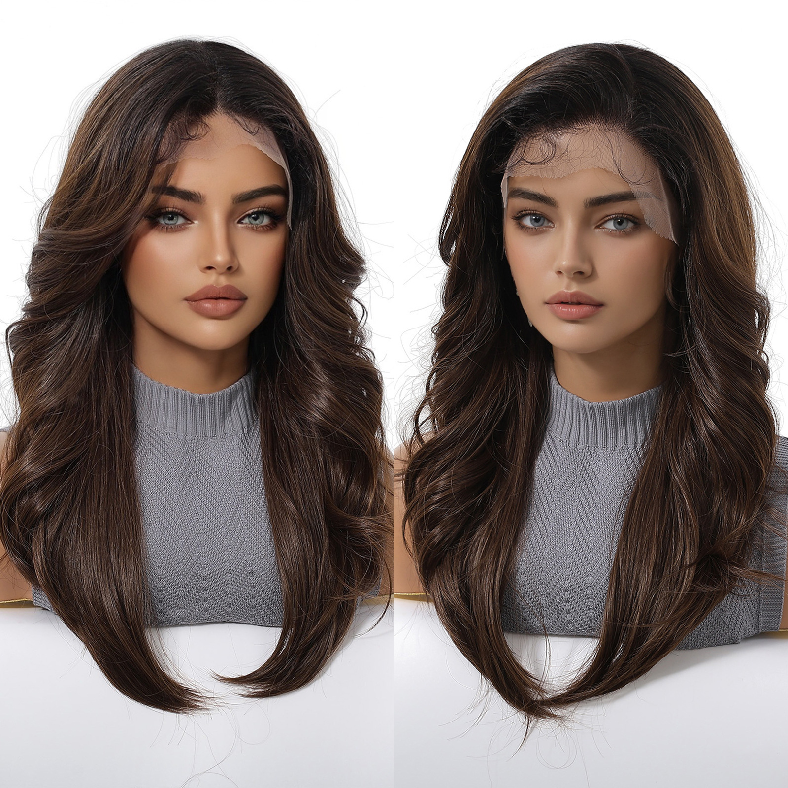 13*6 peluca de encaje de área grande, capa de viento perezoso diario, degradado, marrón oscuro, cabello medio largo, cubierta de fibra química completa