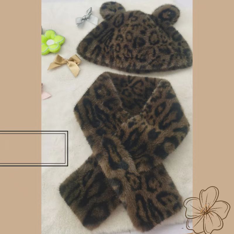 Sombrero de leopardo de Mongolia de peluche osos orejas sombrero de mujer otoño invierno imitación de piel sombrero de pescador bufandas variantes bufandas image 5