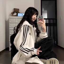 美式复古条纹卫衣女春秋宽松ins潮牌慵懒风oversize开衫拉链外套