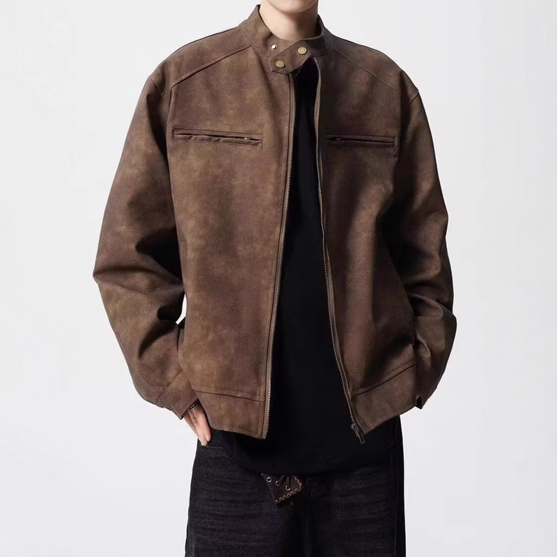 American Brown Leather Jacket Men's High-End Cleanfi Flight Jacket Motorcycle Loose Casual Jacket Export