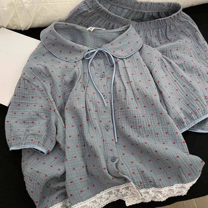 Foreign Style Korean Style Polo Dot Double-Layer Cotton Yarn Short-Sleeved Pajamas for Women 2025 Summer Wearing Doll Collar Home Clothes suit