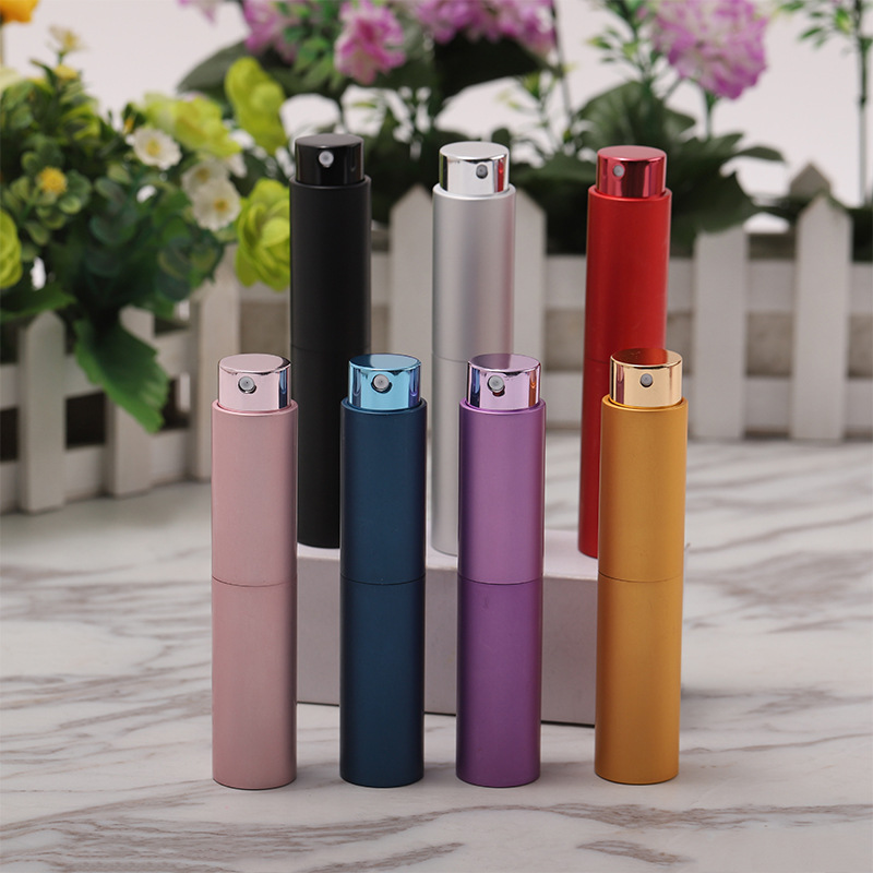 10ml portátil giratoria de dos secciones retráctil perfume sub-botella vacía botella impresa logotipo botella de aerosol muestra botella de vidrio