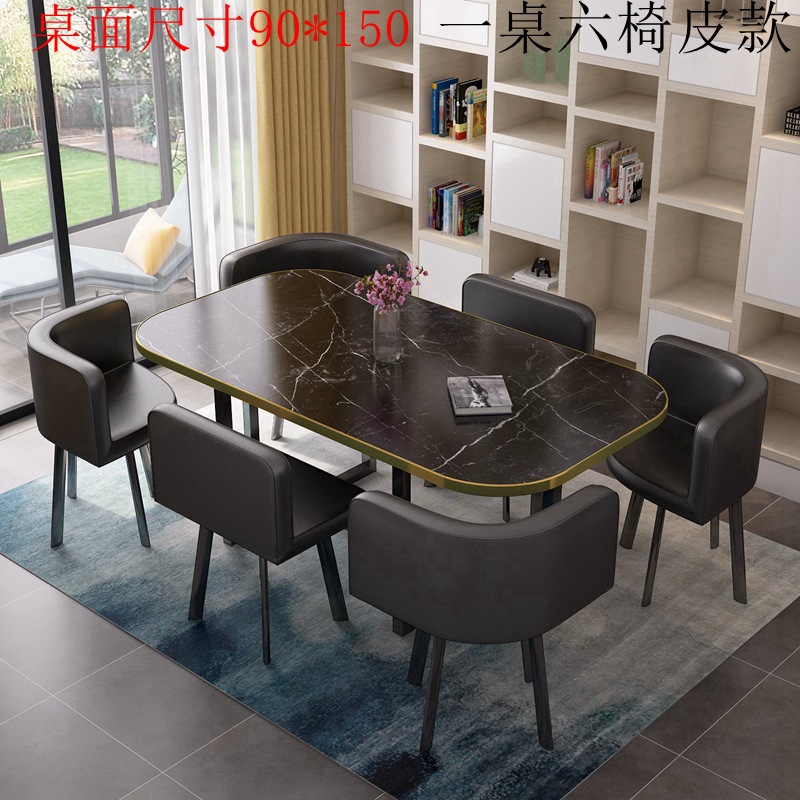 150*90 Black Stone Patrón Phnom Penh Mesa de escritorio de cuero negro Seis sillas