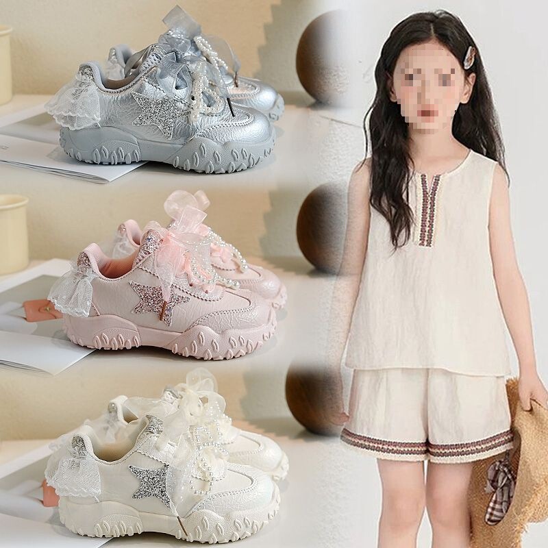 Girls' Fashionable and Sweet Mesh Pearl Bow Sneakers 2026 Spring and Autumn New Style Lightweight Dad Shoes