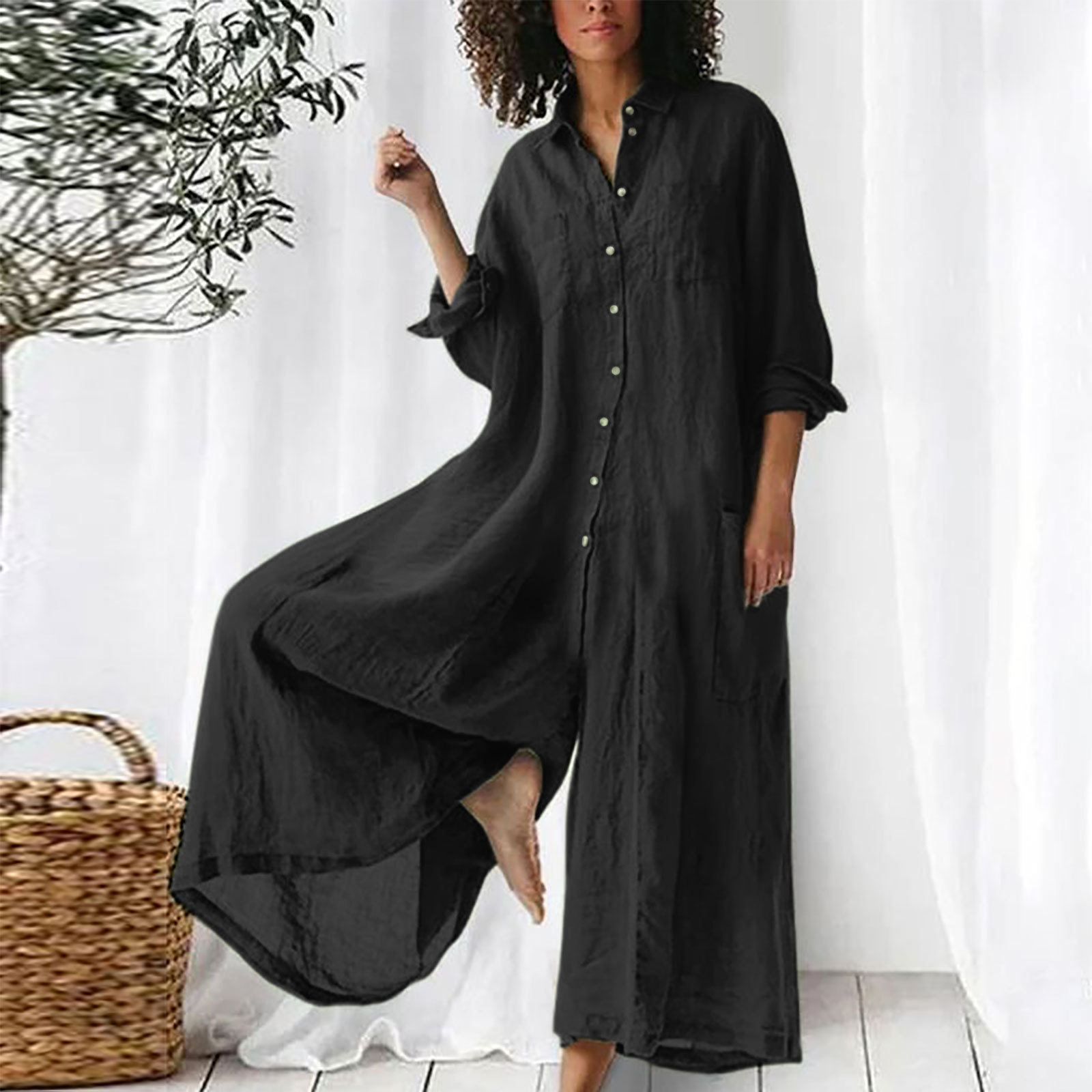 Women's Solid Color Casual Long Sleeved Jumpsuit Mid Length Cotton Linen Blend_ecoleips.com